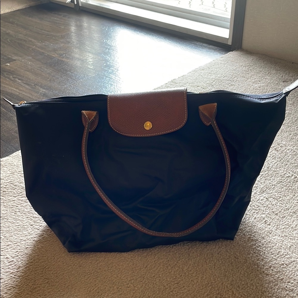 Longchamp Black and Brown Tote Bag with Leather Trim